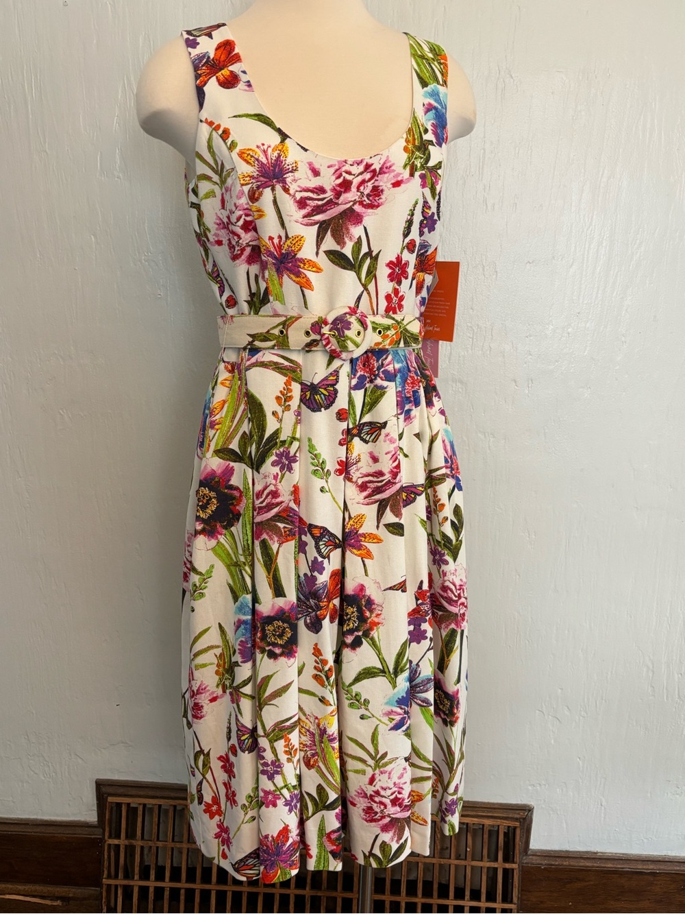 LTD Athena Belted White Botanical Floral Linen-Blend MIDI Dress